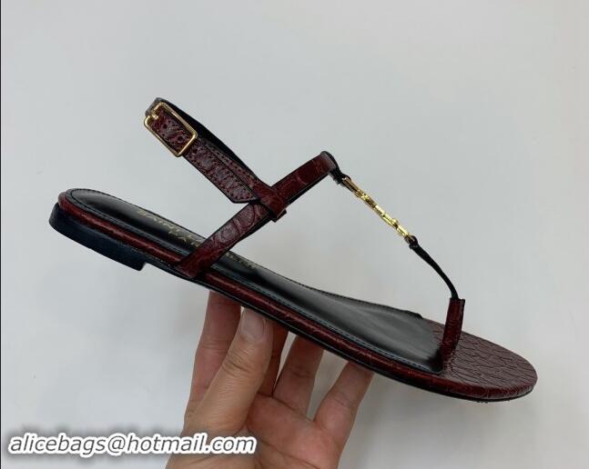 1:1 Saint Laurent YSL Flat Thong Sandals in Burgundy Stone Embossed Leather 506121