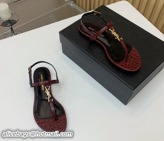 1:1 Saint Laurent YSL Flat Thong Sandals in Burgundy Stone Embossed Leather 506121