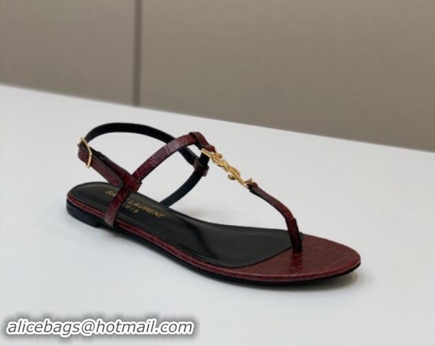 1:1 Saint Laurent YSL Flat Thong Sandals in Burgundy Stone Embossed Leather 506121