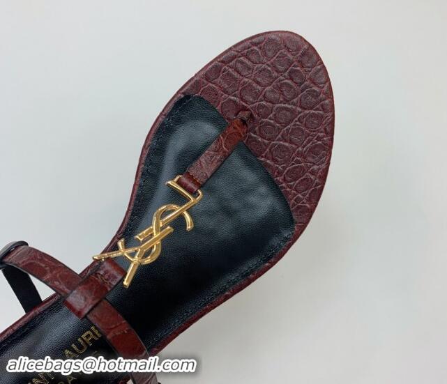 1:1 Saint Laurent YSL Flat Thong Sandals in Burgundy Stone Embossed Leather 506121