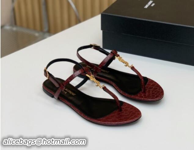 1:1 Saint Laurent YSL Flat Thong Sandals in Burgundy Stone Embossed Leather 506121