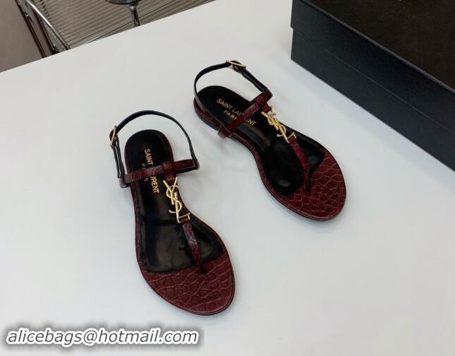 1:1 Saint Laurent YSL Flat Thong Sandals in Burgundy Stone Embossed Leather 506121