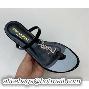 Best Grade Saint Laurent YSL Flat Thong Slide Sandals in Black Patent Leather with Strass 506122