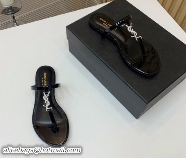 Best Grade Saint Laurent YSL Flat Thong Slide Sandals in Black Patent Leather with Strass 506122