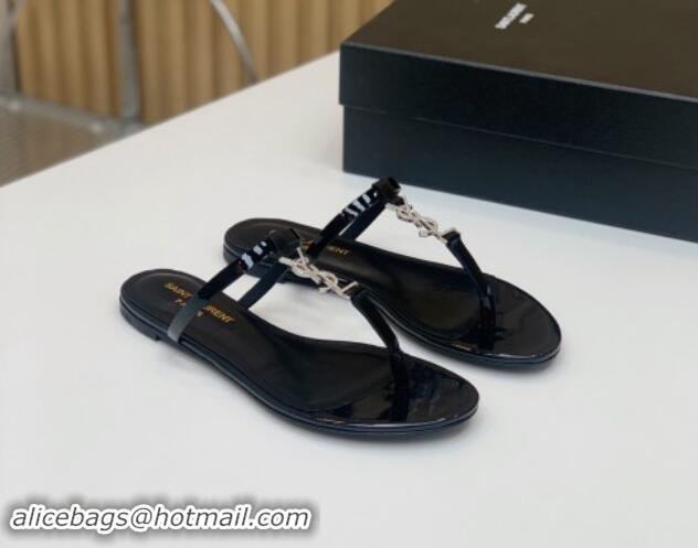 Best Grade Saint Laurent YSL Flat Thong Slide Sandals in Black Patent Leather with Strass 506122