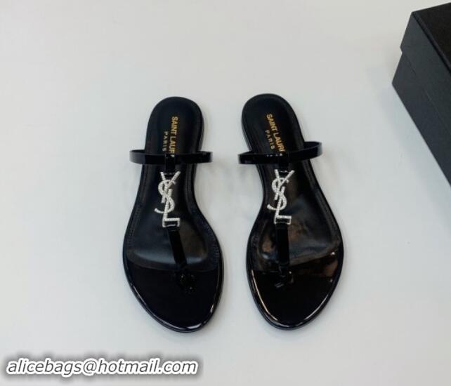 Best Grade Saint Laurent YSL Flat Thong Slide Sandals in Black Patent Leather with Strass 506122