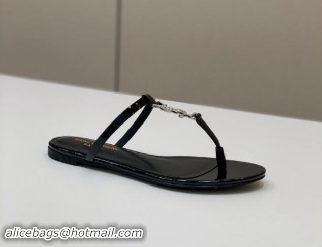 Best Grade Saint Laurent YSL Flat Thong Slide Sandals in Black Patent Leather with Strass 506122