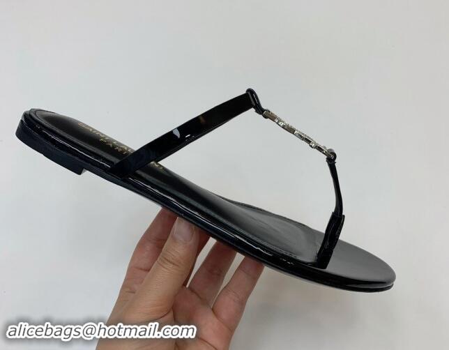 Best Grade Saint Laurent YSL Flat Thong Slide Sandals in Black Patent Leather with Strass 506122