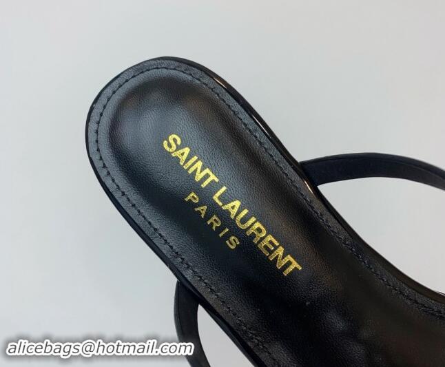 Best Grade Saint Laurent YSL Flat Thong Slide Sandals in Black Patent Leather with Strass 506122