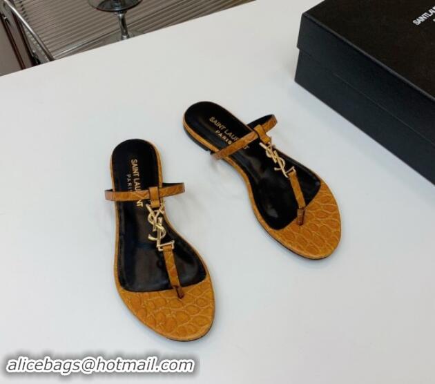 Grade Quality Saint Laurent YSL Flat Thong Slide Sandals in Brown Stone Embossed Leather 506123