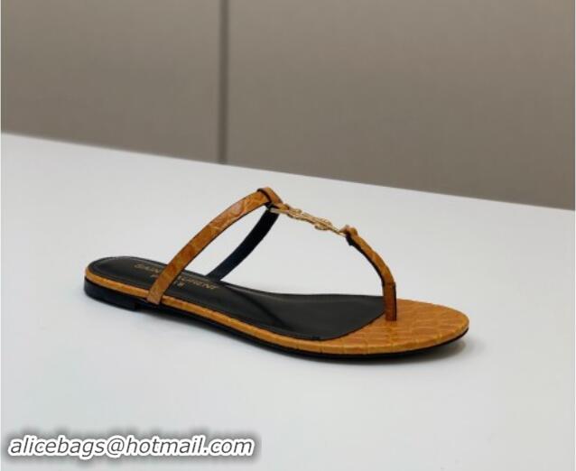 Grade Quality Saint Laurent YSL Flat Thong Slide Sandals in Brown Stone Embossed Leather 506123