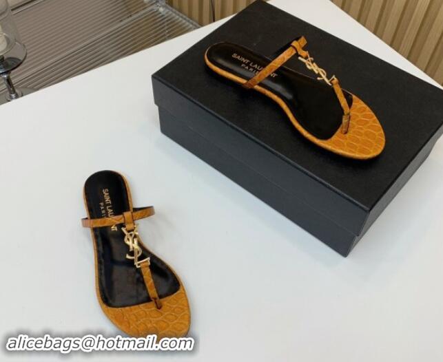 Grade Quality Saint Laurent YSL Flat Thong Slide Sandals in Brown Stone Embossed Leather 506123