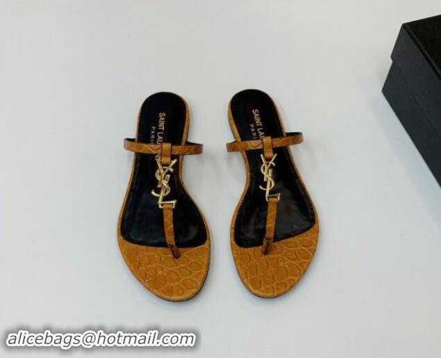 Grade Quality Saint Laurent YSL Flat Thong Slide Sandals in Brown Stone Embossed Leather 506123