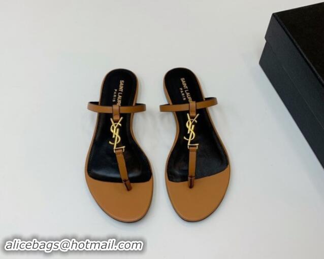 Charming Saint Laurent YSL Flat Thong Slide Sandals in Brown Calf Leather 506124