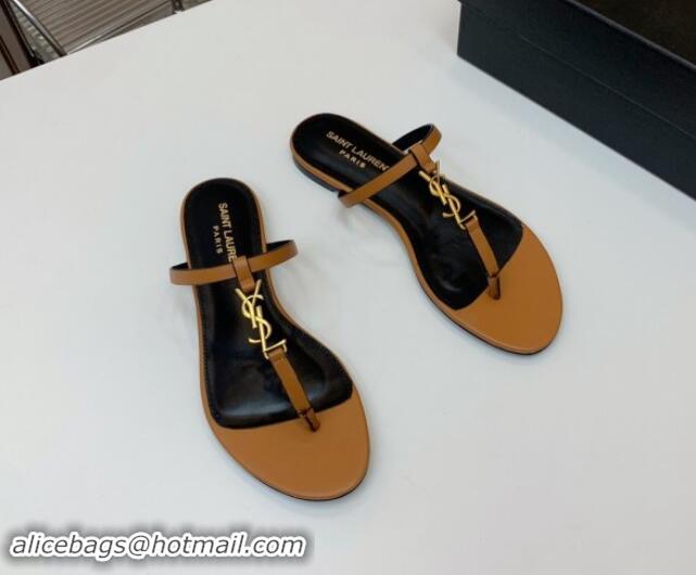 Charming Saint Laurent YSL Flat Thong Slide Sandals in Brown Calf Leather 506124