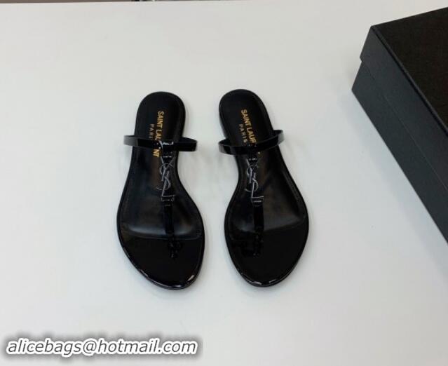 Top Design Saint Laurent YSL Flat Thong Slide Sandals in Patent Leather All Black 506125