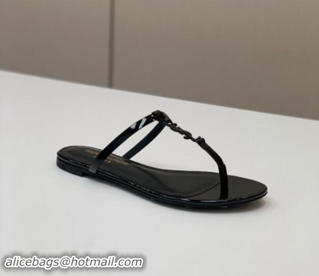 Top Design Saint Laurent YSL Flat Thong Slide Sandals in Patent Leather All Black 506125