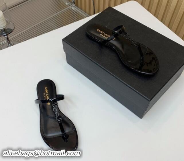 Top Design Saint Laurent YSL Flat Thong Slide Sandals in Patent Leather All Black 506125