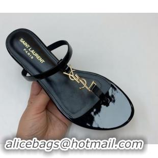 Top Grade Saint Laurent YSL Flat Thong Slide Sandals in Patent Leather Black/Gold 506126