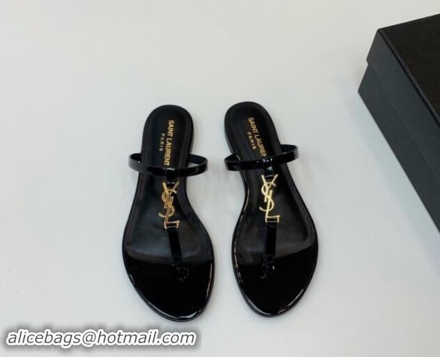 Top Grade Saint Laurent YSL Flat Thong Slide Sandals in Patent Leather Black/Gold 506126