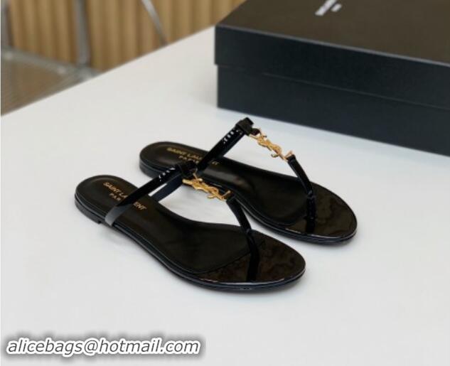 Top Grade Saint Laurent YSL Flat Thong Slide Sandals in Patent Leather Black/Gold 506126