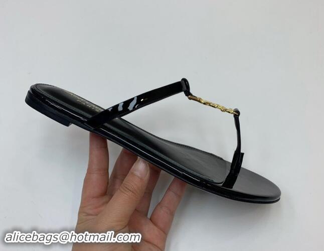 Top Grade Saint Laurent YSL Flat Thong Slide Sandals in Patent Leather Black/Gold 506126