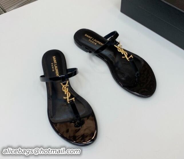 Top Grade Saint Laurent YSL Flat Thong Slide Sandals in Patent Leather Black/Gold 506126