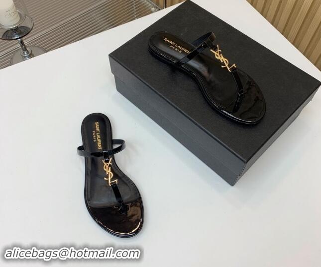 Top Grade Saint Laurent YSL Flat Thong Slide Sandals in Patent Leather Black/Gold 506126