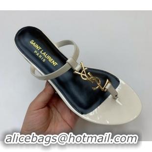 Buy Luxury Saint Laurent YSL Flat Thong Slide Sandals in Patent Leather White 506127