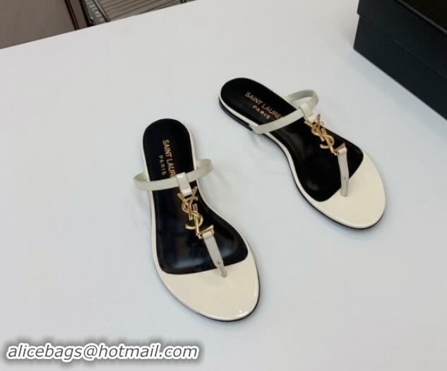 Buy Luxury Saint Laurent YSL Flat Thong Slide Sandals in Patent Leather White 506127