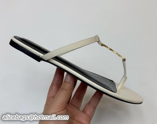 Buy Luxury Saint Laurent YSL Flat Thong Slide Sandals in Patent Leather White 506127