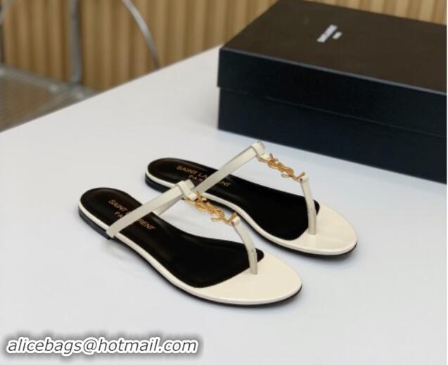 Buy Luxury Saint Laurent YSL Flat Thong Slide Sandals in Patent Leather White 506127