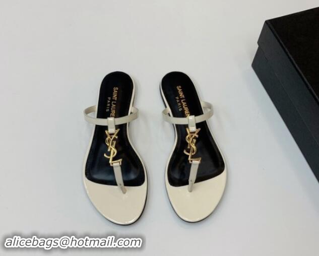 Buy Luxury Saint Laurent YSL Flat Thong Slide Sandals in Patent Leather White 506127