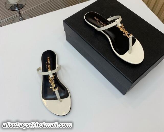 Buy Luxury Saint Laurent YSL Flat Thong Slide Sandals in Patent Leather White 506127