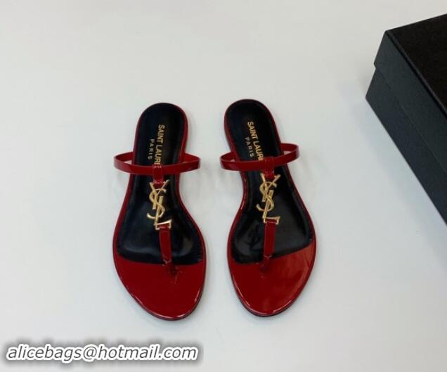 Unique Style Saint Laurent YSL Flat Thong Slide Sandals in Patent Leather Red 506128