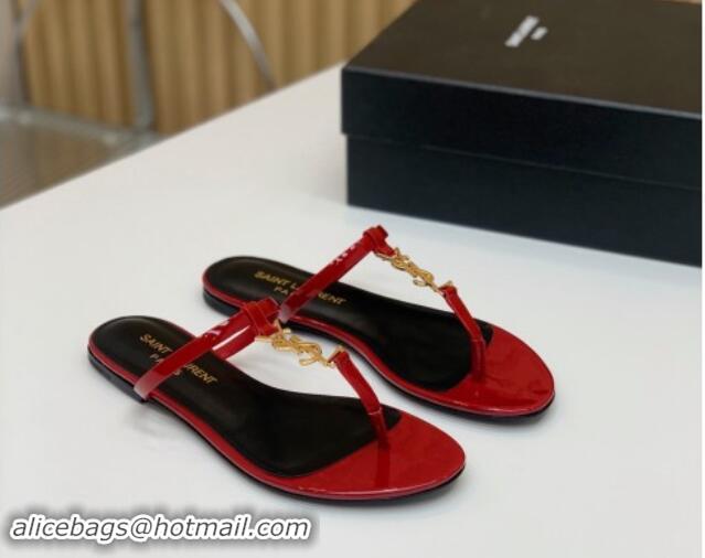 Unique Style Saint Laurent YSL Flat Thong Slide Sandals in Patent Leather Red 506128