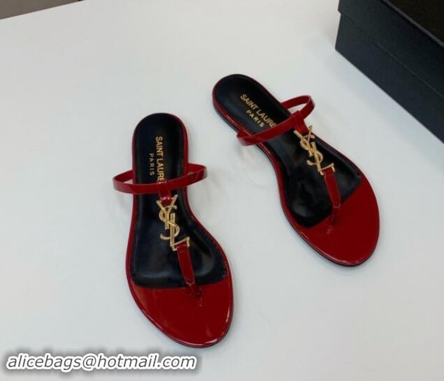 Unique Style Saint Laurent YSL Flat Thong Slide Sandals in Patent Leather Red 506128