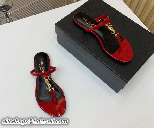 Unique Style Saint Laurent YSL Flat Thong Slide Sandals in Patent Leather Red 506128