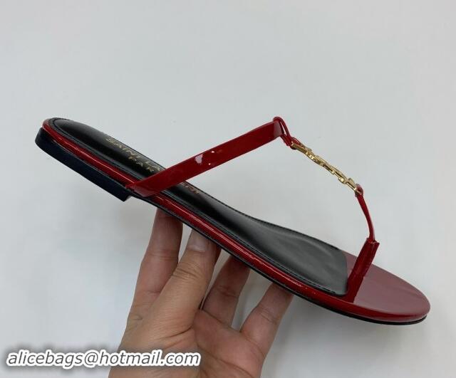 Unique Style Saint Laurent YSL Flat Thong Slide Sandals in Patent Leather Red 506128