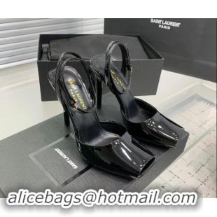 Durable Saint Laurent Patent Leather High Heel Sandals 10cm with Open Toe Black 704085