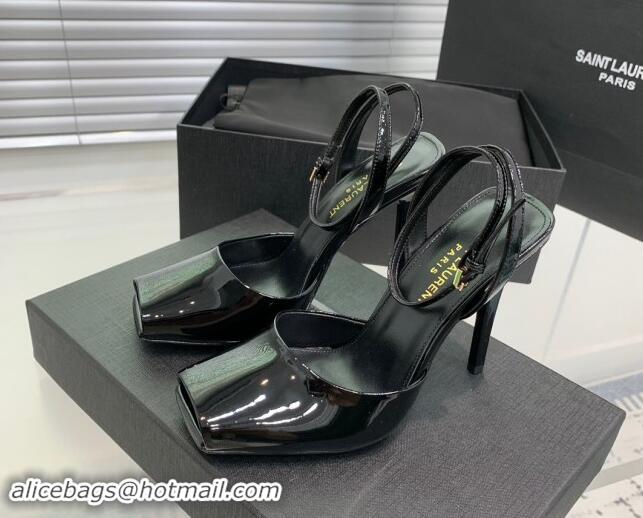 Durable Saint Laurent Patent Leather High Heel Sandals 10cm with Open Toe Black 704085