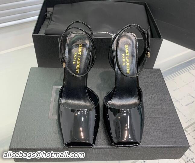 Durable Saint Laurent Patent Leather High Heel Sandals 10cm with Open Toe Black 704085