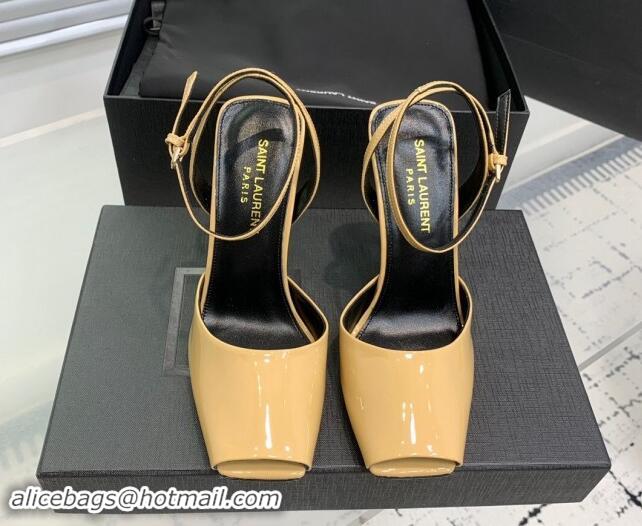 Good Quality Saint Laurent Patent Leather High Heel Sandals 10cm with Open Toe Apricot 704086