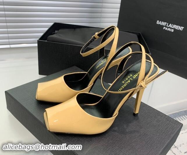 Good Quality Saint Laurent Patent Leather High Heel Sandals 10cm with Open Toe Apricot 704086