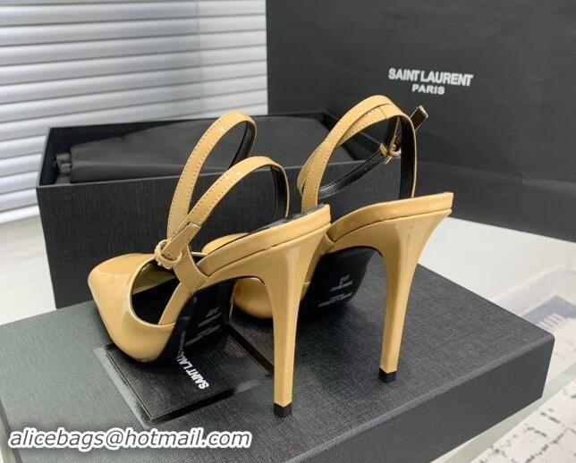 Good Quality Saint Laurent Patent Leather High Heel Sandals 10cm with Open Toe Apricot 704086