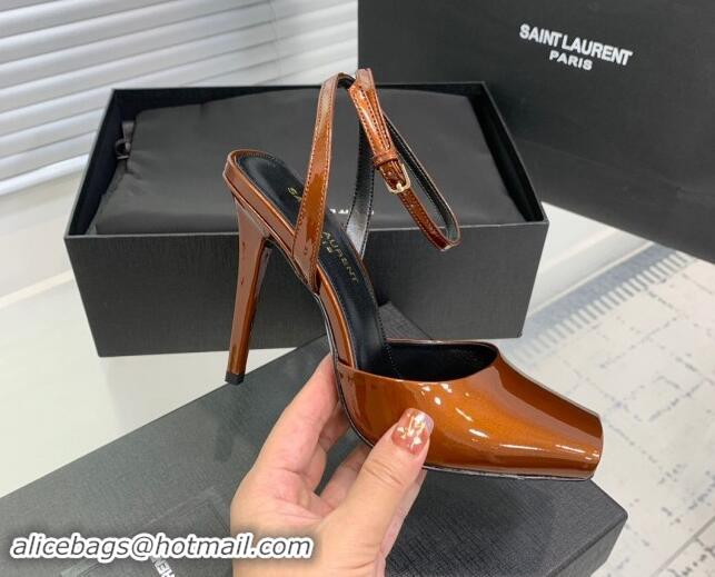 Low Price Saint Laurent Patent Leather High Heel Sandals 10cm with Open Toe Brown 704087