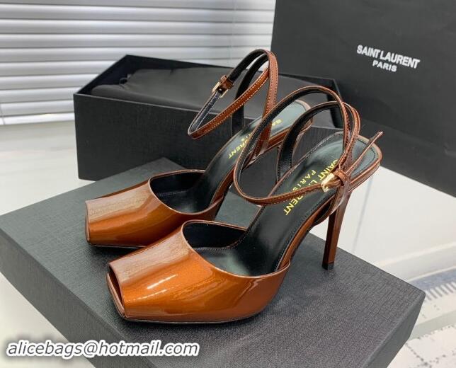 Low Price Saint Laurent Patent Leather High Heel Sandals 10cm with Open Toe Brown 704087