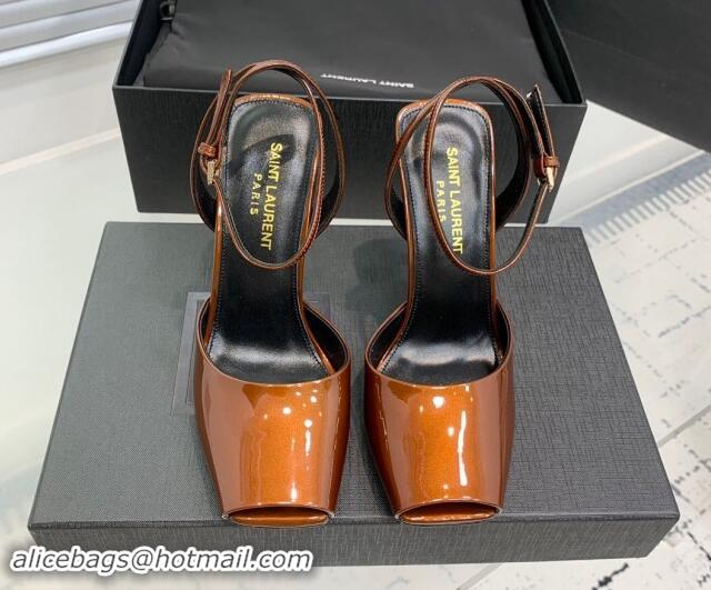 Low Price Saint Laurent Patent Leather High Heel Sandals 10cm with Open Toe Brown 704087