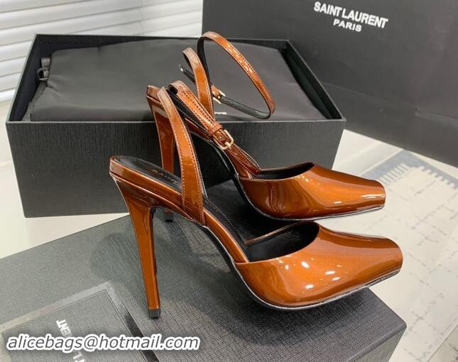 Low Price Saint Laurent Patent Leather High Heel Sandals 10cm with Open Toe Brown 704087