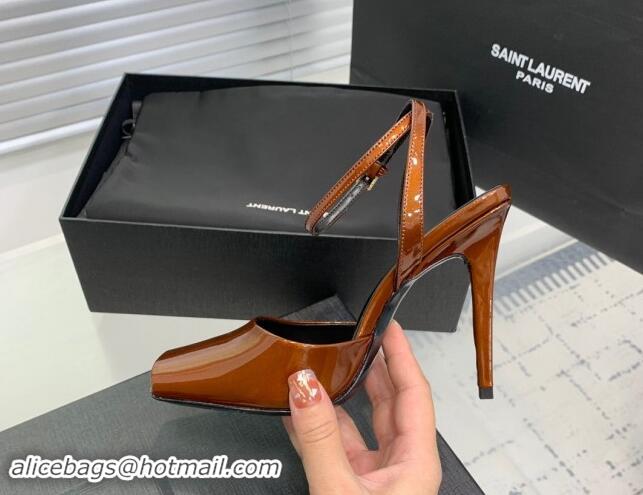 Low Price Saint Laurent Patent Leather High Heel Sandals 10cm with Open Toe Brown 704087